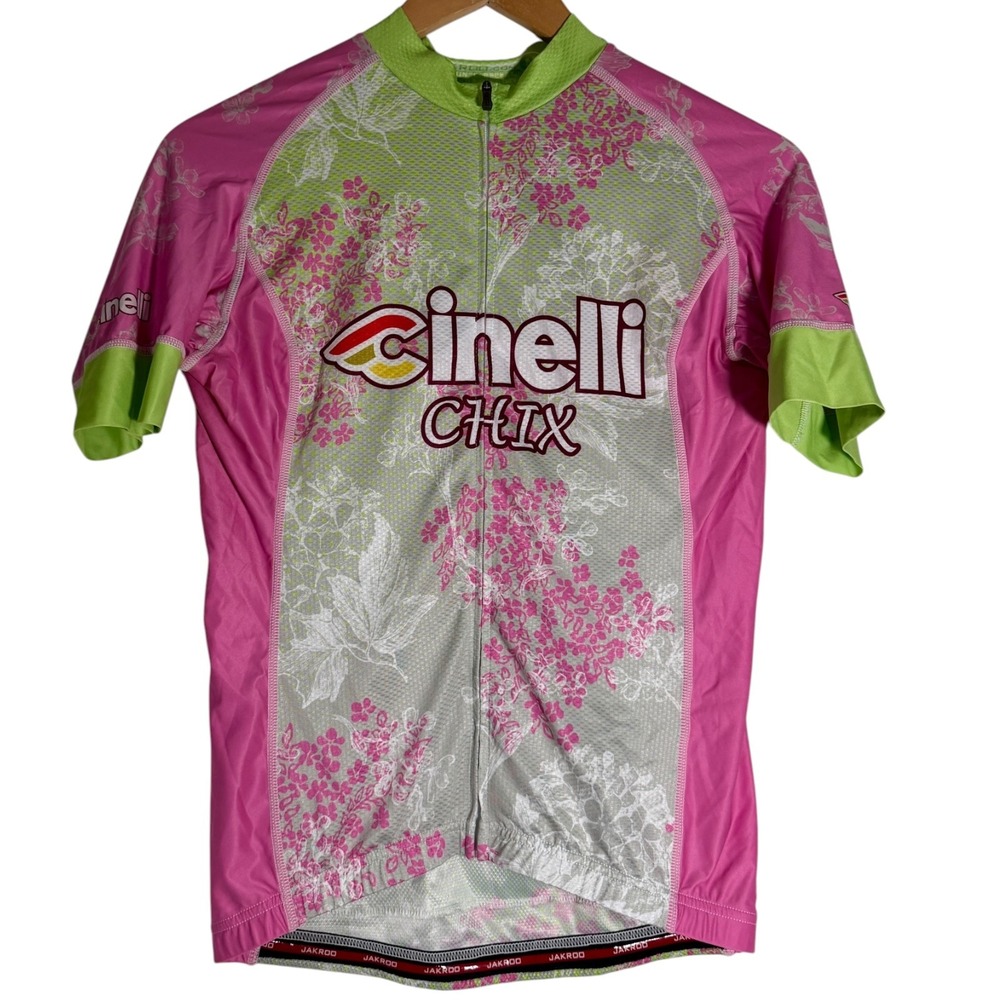 Jakroo Women's Cinelli Chix Short Sleeve‎ Full Zip Road Cycling Jersey Pink Med